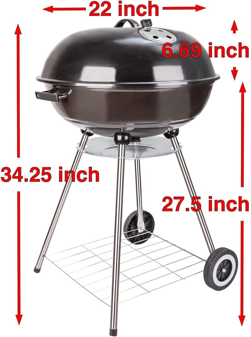 Papapacks 22 Inch Portable Charcoal Grill with Wheels for Outdoor Cooking Barbecue Camping BBQ Coal Kettle Grill - Heavy Duty Round with Thickened Grilling Bowl Wheels for Small Patio Backyard - Image 2